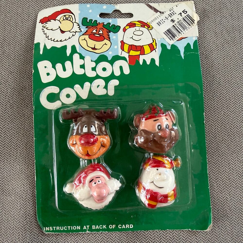 Vintage Christmas Button Covers Set of 4 Santa Reindeer Snowman Bear NOS